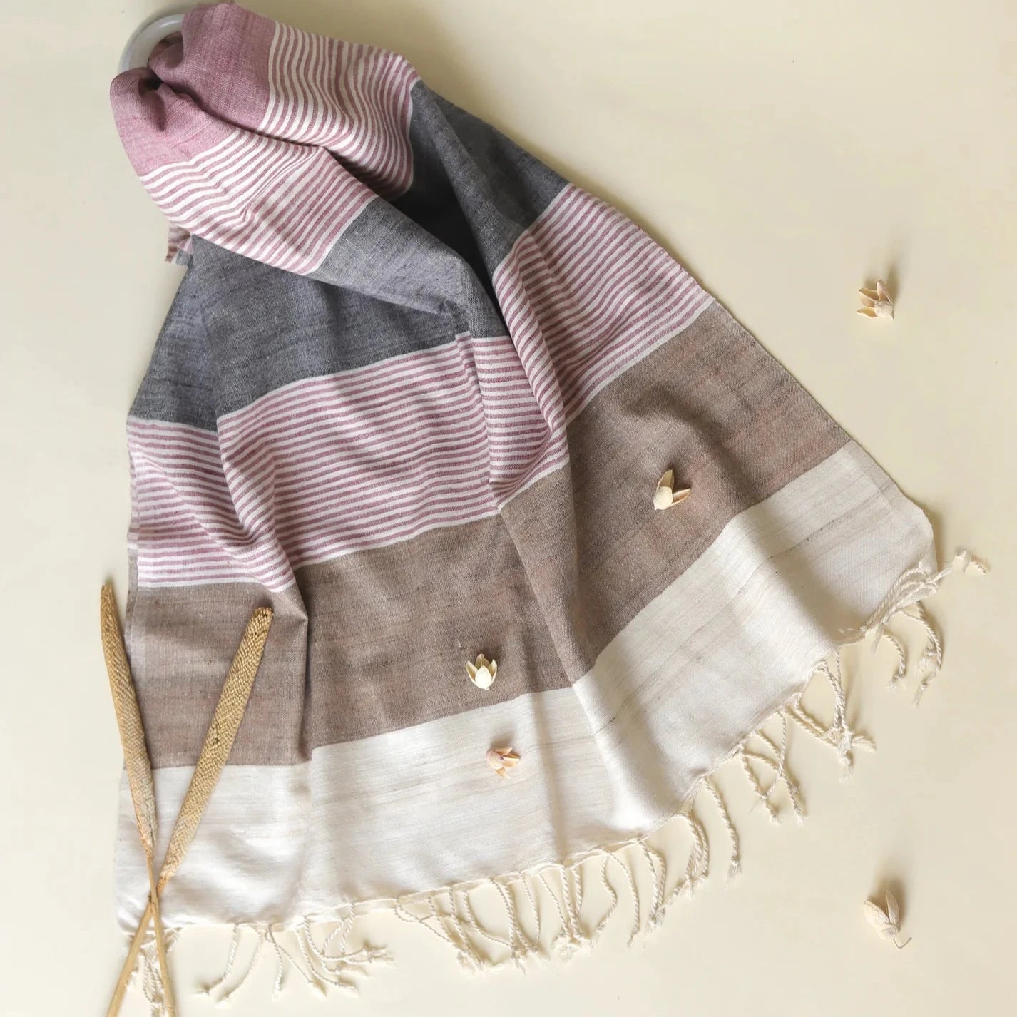 Ahimsa Peace Silk Stole | Grey, Brown &amp; Pink Stripes