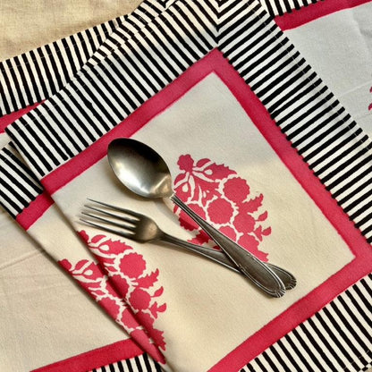 Placemats | Red Flowers and Black stripes border | Set of 2 or 4 or 6