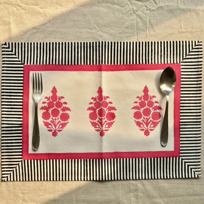 Placemats | Red Flowers and Black stripes border | Set of 2 or 4 or 6