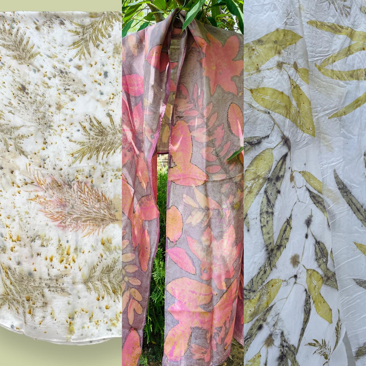 Eco-printed Silk Stole | White with Brown and Yellow Eucalyptus Leaves